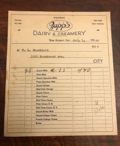 1942 ZAPP'S DAIRY & CREAMERY Spring Street New Albany Indiana Billhead