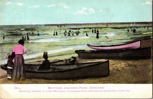 Canoes, Bathers in Lake Michigan Jackson Park Chicago IL Vintage Postcard V35