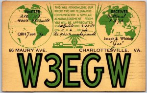 1934 QSL Radio Card W3EGW Charlottesville Amateur Radio Station Posted Postcard