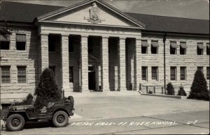 Old Army Jeep at Patton Hall Fort Ft. Riley Kansas KS Real Postcard