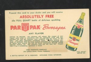 PAR T PAK BEVERAGES SODA POP FRESNO CALIFORNIA FREE OFFER ADVERTISING POSTCARD