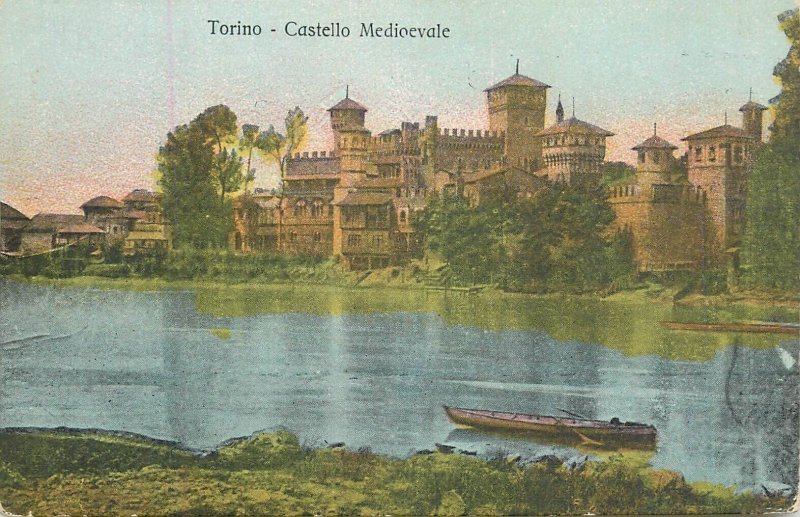 Italy sail & navigation themed postcard Torino medieval castle rowboat