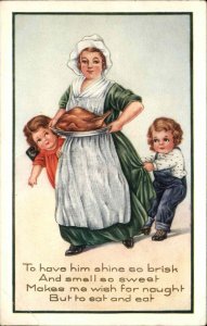 Whitney Thanksgiving Mother with Kids Pulling on Apron Vintage Postcard