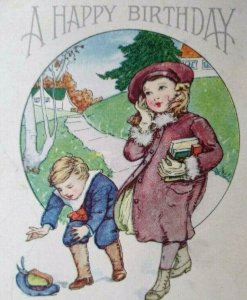 Birthday Postcard Victorian Children With Books Series 266 Unused Vintage