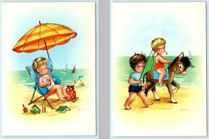 2 Postcards FRANKIE Artist Signed CHILDREN BEACH Donkey Pigtails Braids 4x6