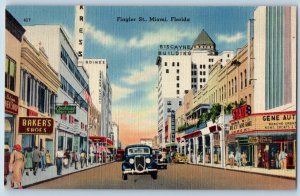 Miami Florida Postcard Flagler Street Buildings Store Classic Cars 1940 Vintage