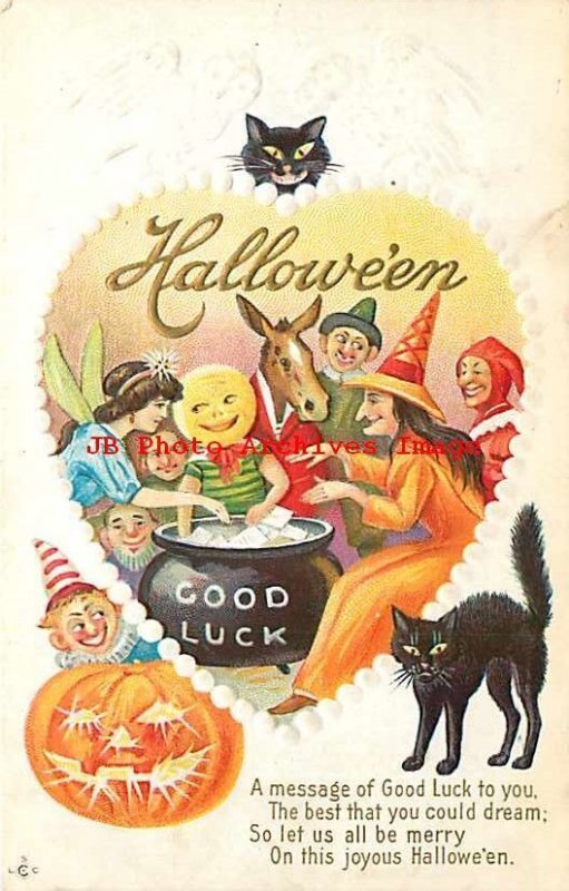 Halloween, Stecher No 216 E, Witch with Cauldron of Cards, Group in Costumes 