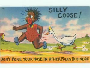 Linen Black Americana BIRD GOOSE CHASING GIRL AC0607