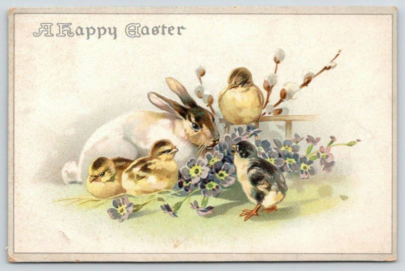 Easter~White Rabbit Munches Purple Flowers~Chicks & Pussy Willows~Emboss~Germany 