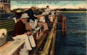 1940's Old Men Fishing Million Dollar Pier St. Petersburg Fla. VTG  Postcard 