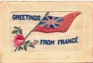 Silk Postcard British Flag Greetings From France~120895