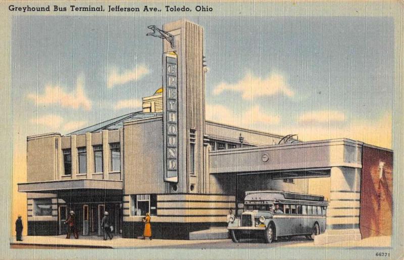 Toledo Ohio Greyhound Bus Terminal Street View Antique Postcard K58168