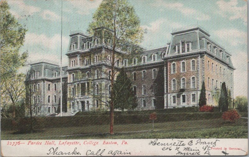 Postcard Pardee Hall Lafayette College Easton PA 1907