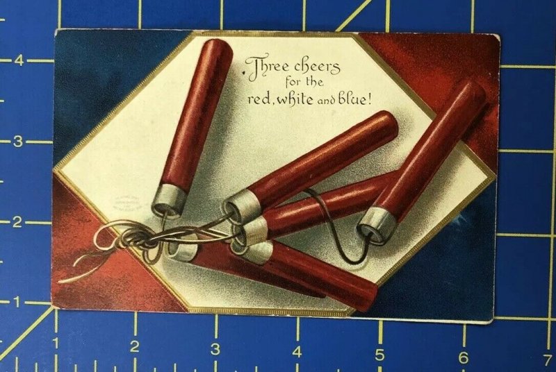 Vintage Red White & Blue Fire Crackers Patriotic Post Card P2