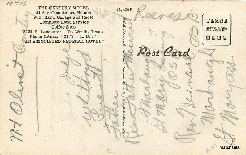 1940s Ft Worth Texas Century Motel Roadside MWM postcard 10512