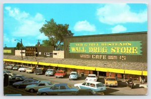 Postcard 1960s Wall Drug Store, South Dakota, Old Cars Chevy Ford Wagon VW  P1