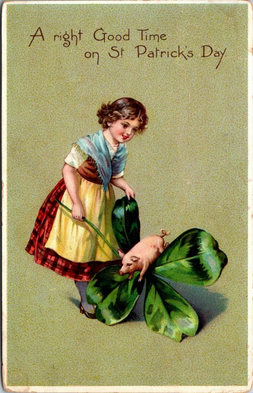 TUCK ST. PATRICK'S DAY W/ PIG ON FOUR LEAF CLOVER POSTED POSTCARD