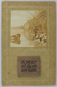 Young Men Out on the River Fishing 1914 Foldout Calendar - Vintage Postcard