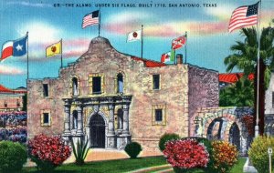 Vintage 1930's The Alamo Under Six Flags San Antonio Texas TX Linen Postcard