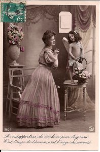 RPPC Cute Little French Girl as Angel, Cherub, Woman 1909 Tinted Real Photo