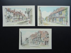 East Sussex RYE 3 x Coloured Pencil Sketches c1940s Postcard by Norman