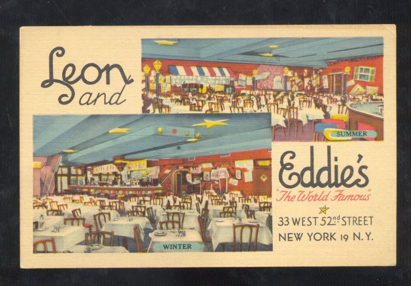 NEW YORK CITY LEON AND EDDIES RESTAURANT INTERIOR LINEN ADVERTISING POSTCARD