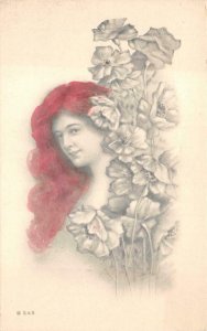 BEAUTIFUL WOMAN FLOWERS GLAMOUR HAND COLORED ARTIST SIGNED DIXON POSTCARD (1911)