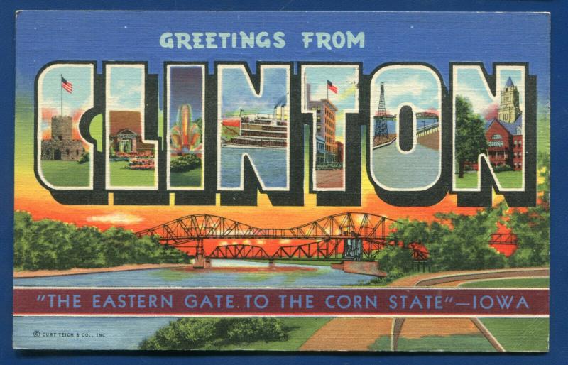 Clinton Iowa ia large letters linen postcard