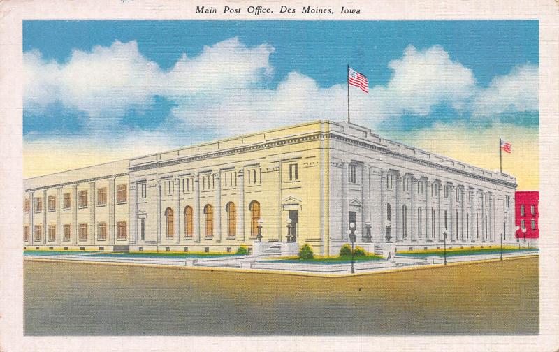 Main Post Office, Des Moines, Iowa, Early Linen Postcard, Unused