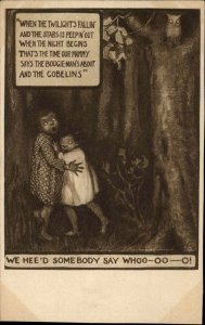 Halloween Black Children Scared in Woods Poem Whoo-oo-o c1910 Postcard