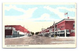 Postcard Main Street Kingman Kansas Storefronts Signs Antique Automobiles