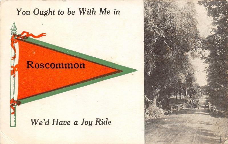 Roscommon Michigan~Vintage Car on Bridge You Ought to be w Me~Pennant Postcard