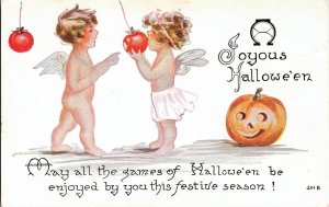 Vintage F.A. Owen Cupids & Jack O' Lantern Antique Romantic Halloween Postcard