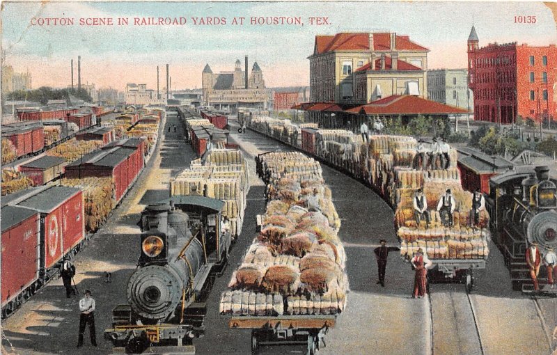 J38/ Houston Texas Postcard c1910 Cotton Scene Railroad Yard Train 102