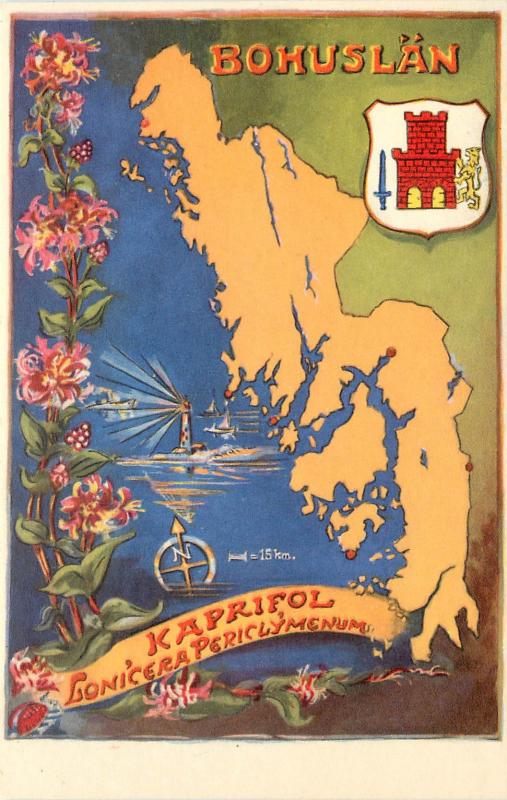 Postcard Bohusln Map and Seal Sweden Lonicera periclymenum honeysuckle  Kaprifol | Europe - Norway, Postcard / HipPostcard