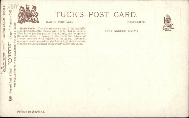 TUCK Oilette Monte Carlo Casino Roulette c1910 Postcard