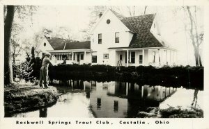 RPPC Postcard Rockwell Springs Trout Club, Castalia OH Man Fishing by Clubhouse