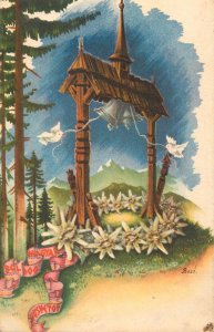 Easter greetings postcard 1947 Hungary edelweiss doves bells