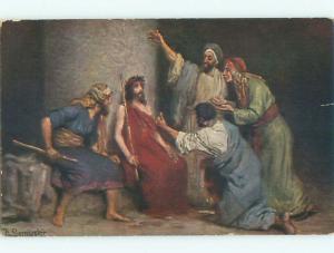 Unused Pre-Linen religious signed JESUS IS MOCKED k6322