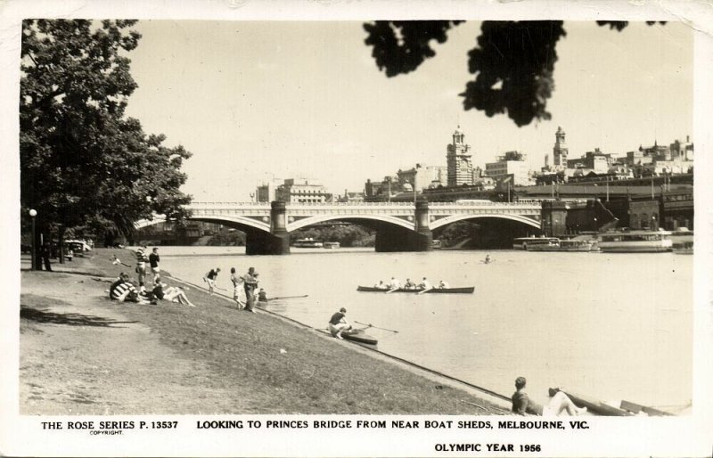 australia, VIC, MELBOURNE, Princes Bridge, Rowing, Rose Series RPPC Postcard
