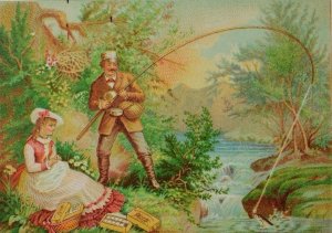 1880 Calendar J & P Coats Spool Cotton Man Lady Fishing Creek Woods P42