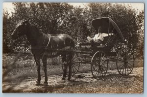 c1910's Man Riding Horse And Buggy Scene Field RPPC Photo Unposted Postcard