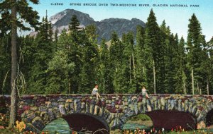 Vintage Postcard Stone Bridge Over Two Medicine River Glacier National Park MT