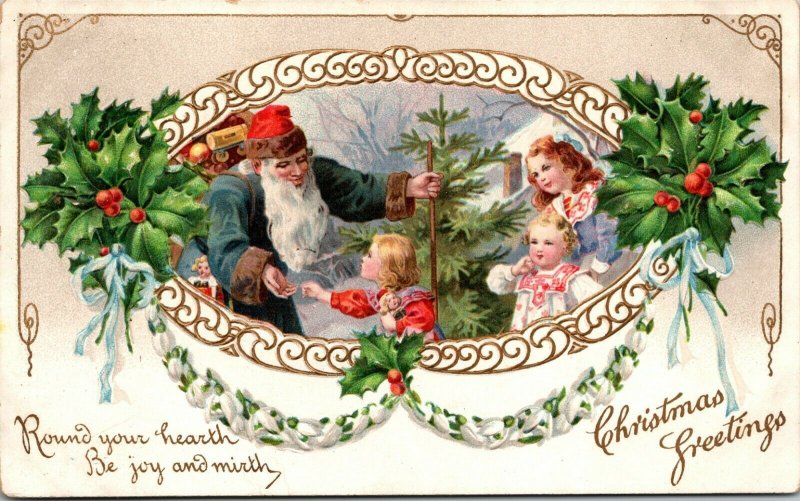 c 1910 Blue Robed Santa St Nick Shares Gifts Victorian Children Holly  Postcard