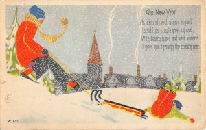 HAPPY NEW YEAR Kids Sledding Winter Snow Scene c1910s Vintage Greetings Postcard