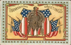 Thanksgiving Patriotic Turkey American Flag and Shield Vintage Postcard