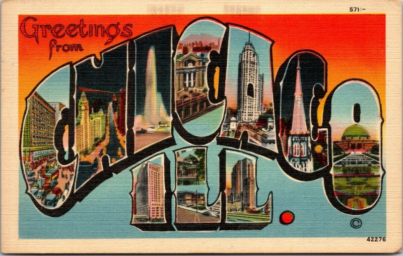 Greetings from Chicago, Illinois Large Letter Sites and Landmarks Vintage c1940  