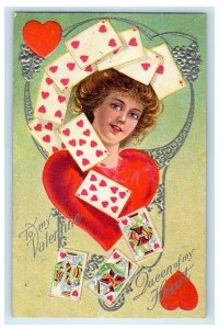 1910 Valentine Beautiful Girl Queen Hearts Embossed Playing Cards Trump Postcard