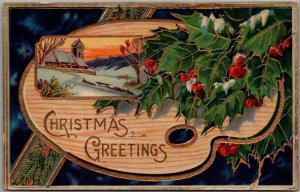 1910s CHRISTMAS GREETINGS Embossed / Gel Postcard Artist's Palette Holly Church 