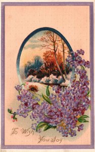 Vintage Postcard To Wish You Joy Forget Me Nots Landscape Snow Trees